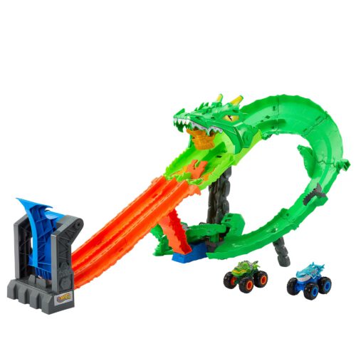 Hot Wheels Monster Trucks Pista de Brinquedo Tubarões vs. Dinossauros: Destruição do Dragão