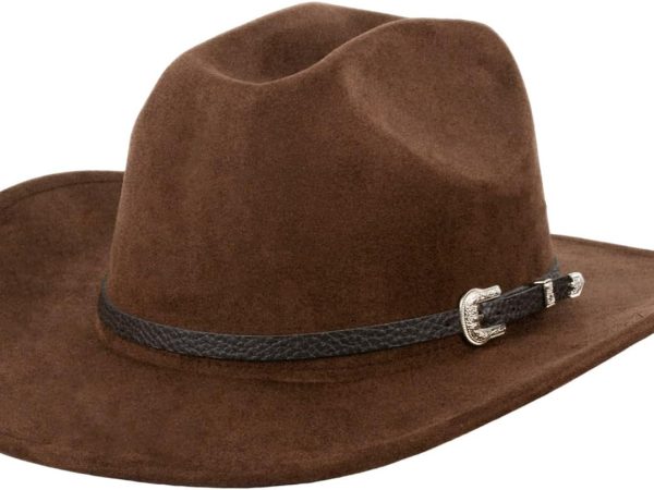 Western Cowboy Hat for Men Women Classic Roll Up Fedora Cowgirl Hat with Buckle Belt(Brown)