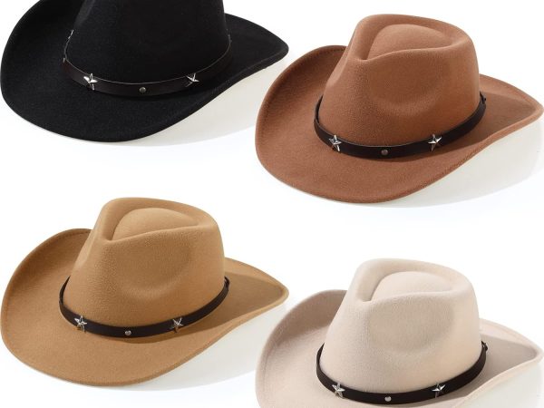 4 Pcs Classic Western Cowboy Hat Men Felt Wide Brim Cowgirl Hats Women Belt Buckle Cap for Adults