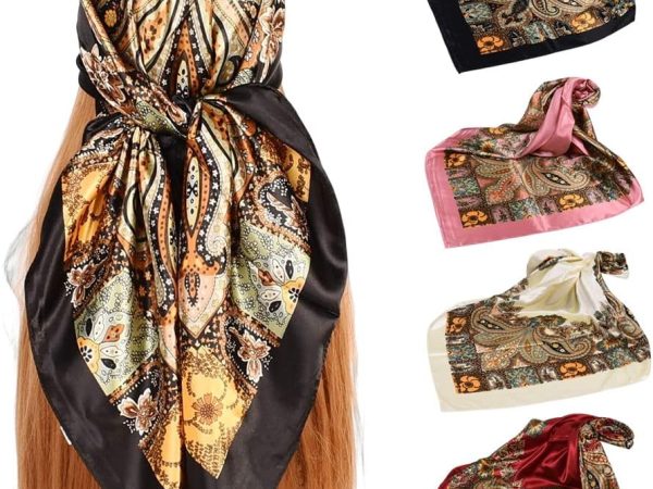 4Pcs Silk Head Scarves for Women Satin Hair Scarf 35”Large Square Bandana Silk Like Neck Scarf Shawl