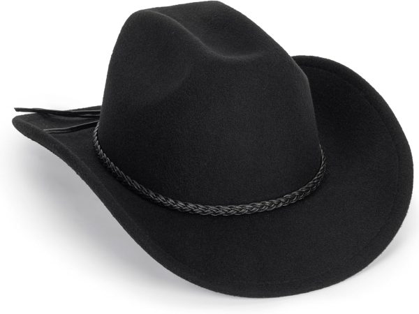 Vintage Western Cowboy Hat for Men Women - Wide Brim Cowgirl Fedora Hats with Braided Rope Band M